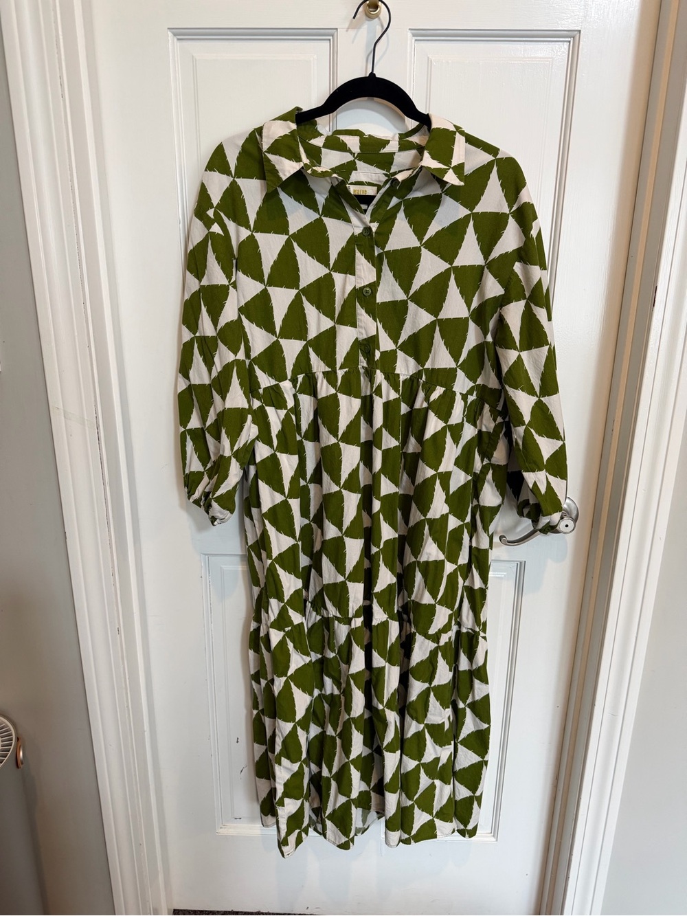 Anthropologie Maeve Bettina Tiered Shirt Dress Size Large Petite Geometric Green - Picture 4 of 6